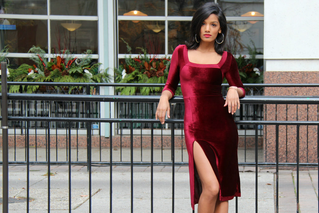 DIY Red Velvet Holiday Dress with Slit by Sweet Shard