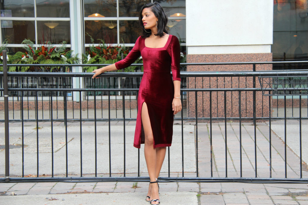 DIY Red Velvet Holiday Dress with Slit by Sweet Shard